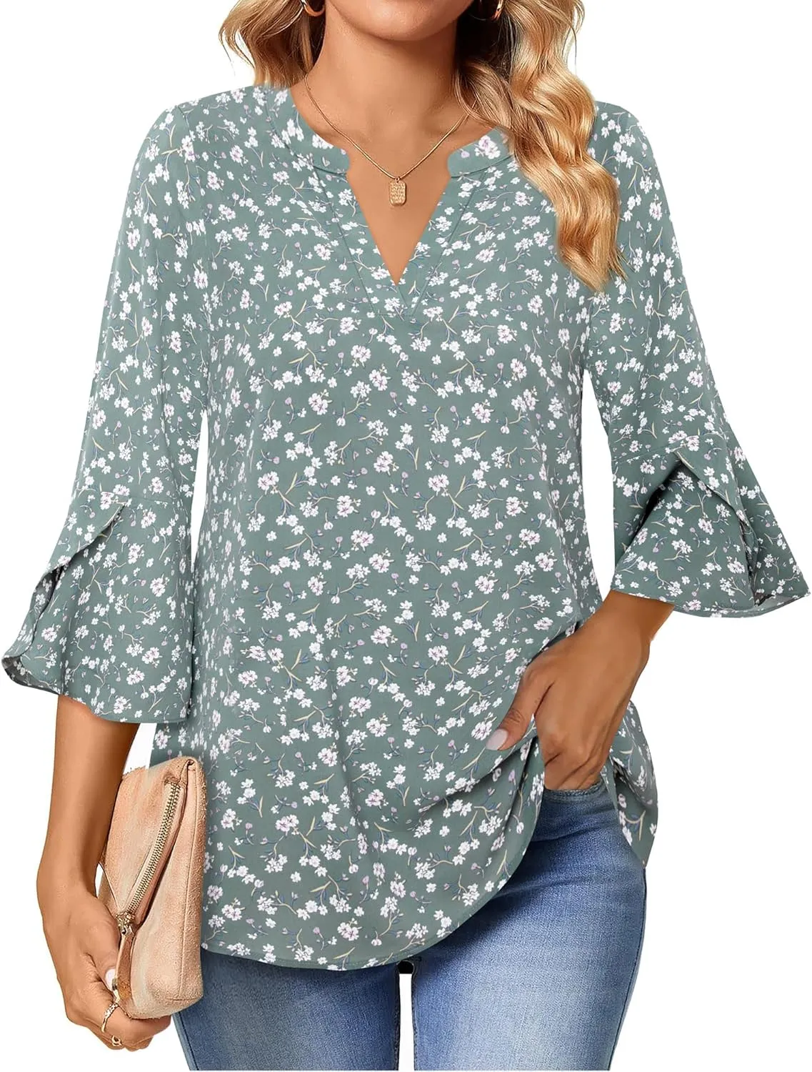 Gaharu Women's Work Blouses Ruffle 3/4 Sleeve Dressy Top V Neck Casual Chiffon Tunic Blouses Business Shirts