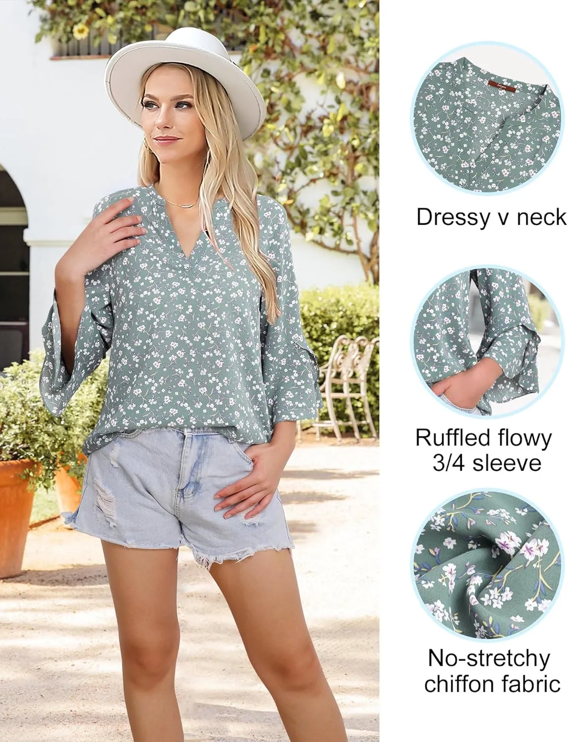 Gaharu Women's Work Blouses Ruffle 3/4 Sleeve Dressy Top V Neck Casual Chiffon Tunic Blouses Business Shirts