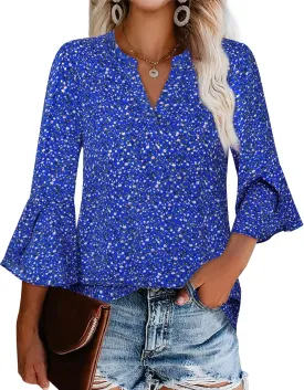 Gaharu Women's Work Blouses Ruffle 3/4 Sleeve Dressy Top V Neck Casual Chiffon Tunic Blouses Business Shirts