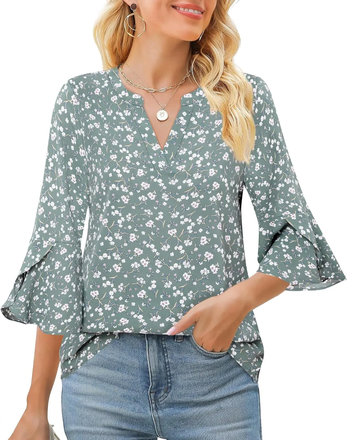 Gaharu Women's Work Blouses Ruffle 3/4 Sleeve Dressy Top V Neck Casual Chiffon Tunic Blouses Business Shirts