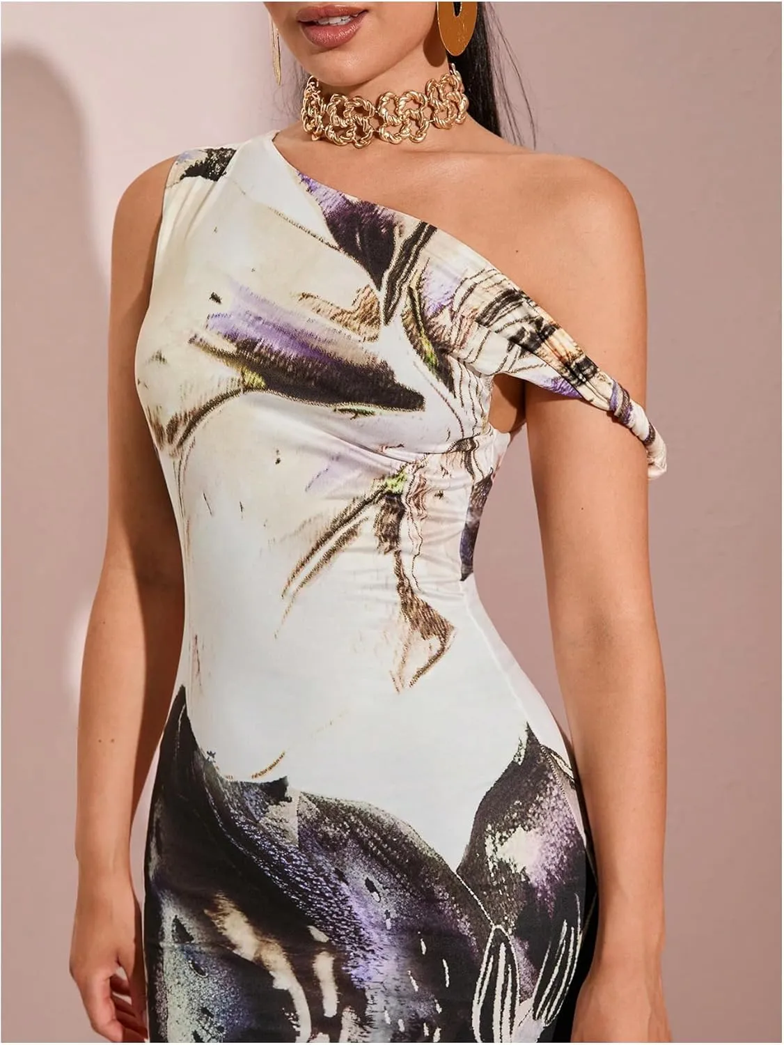 GORGLITTER Women's Long Floral Dress Asymmetrical One Shoulder Sleeveless Bodycon Maxi Dress