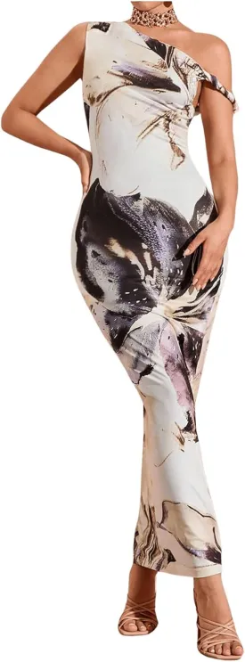 GORGLITTER Women's Long Floral Dress Asymmetrical One Shoulder Sleeveless Bodycon Maxi Dress