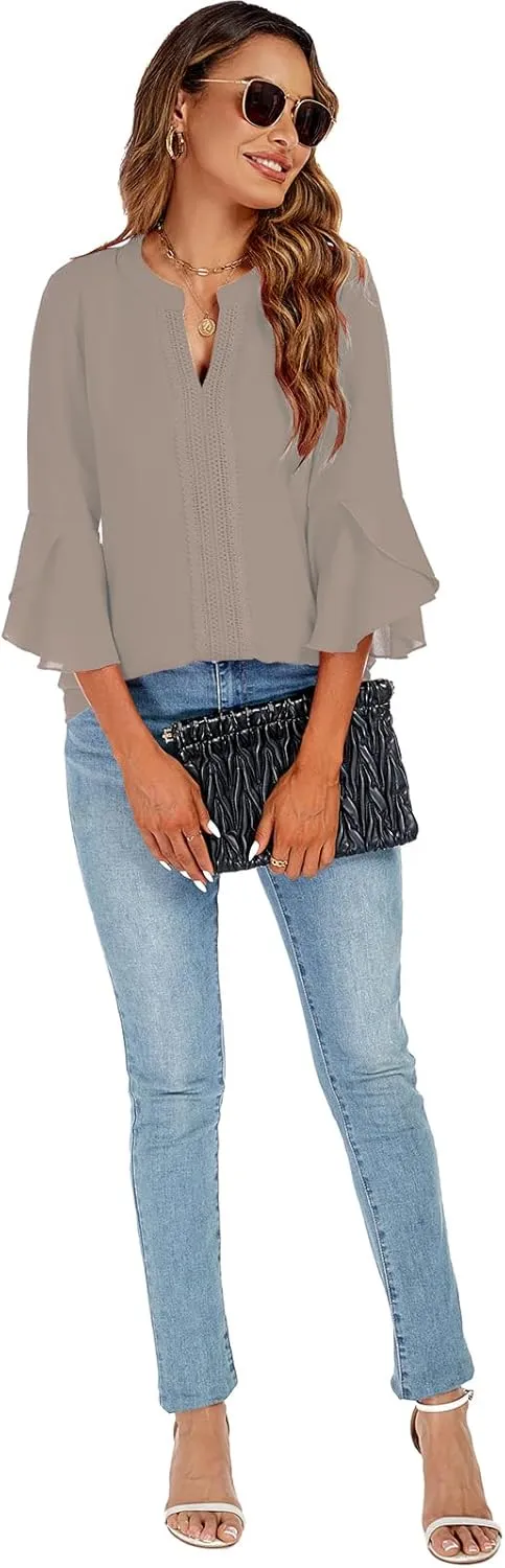 jonivey Womens Dressy Casual Blouses 3/4 Bell Ruffle Sleeve V Neck Business Lace Tops Ladies Trendy Work Shirts