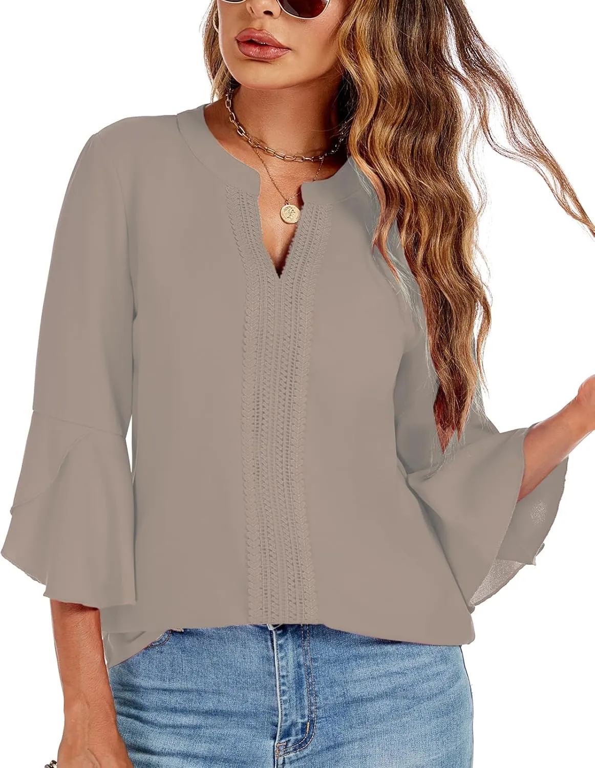 jonivey Womens Dressy Casual Blouses 3/4 Bell Ruffle Sleeve V Neck Business Lace Tops Ladies Trendy Work Shirts