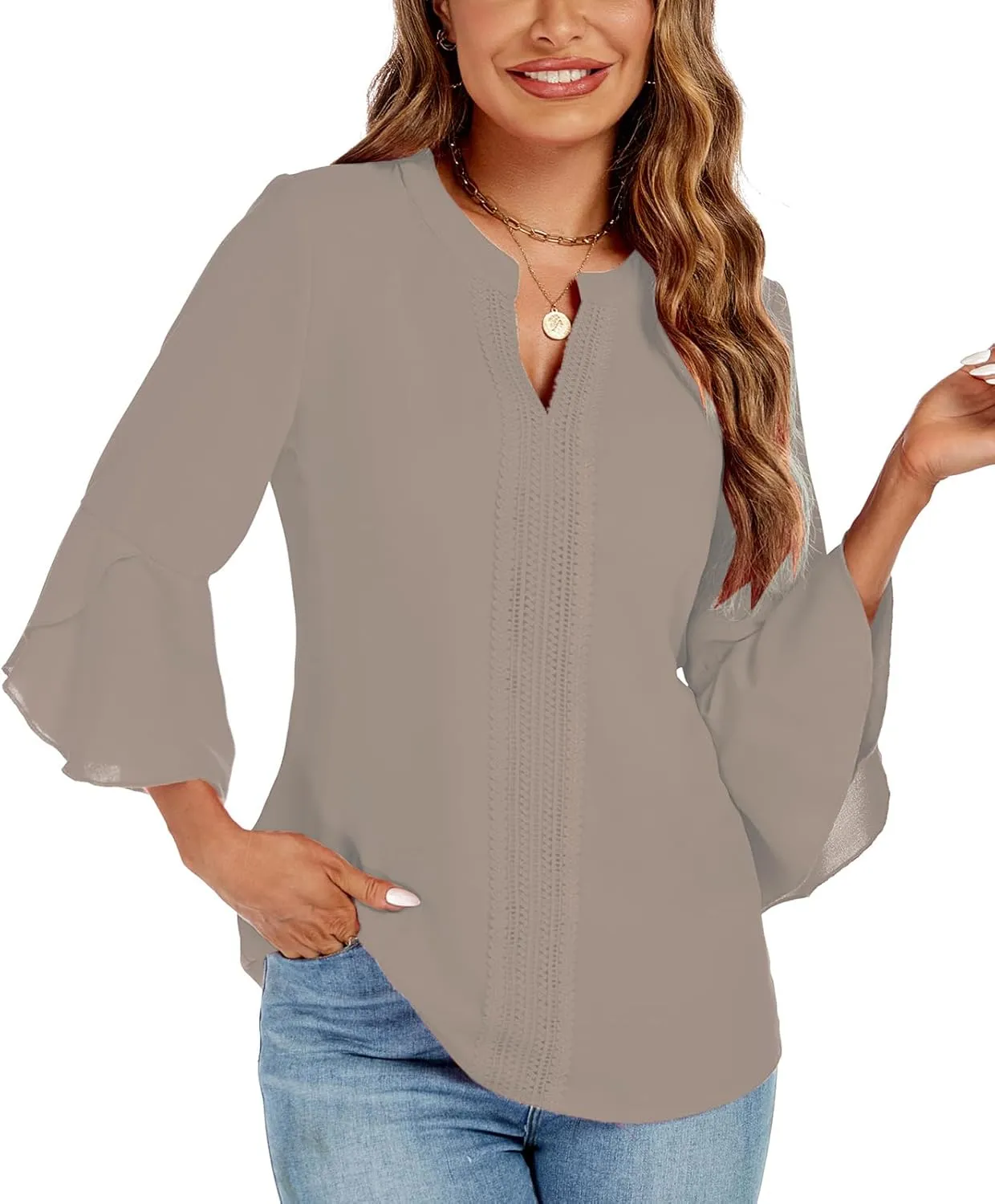 jonivey Womens Dressy Casual Blouses 3/4 Bell Ruffle Sleeve V Neck Business Lace Tops Ladies Trendy Work Shirts