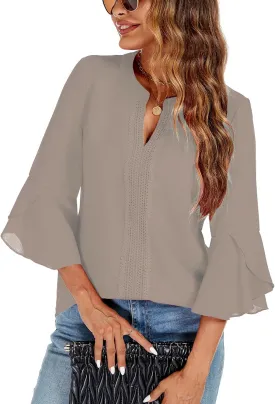 jonivey Womens Dressy Casual Blouses 3/4 Bell Ruffle Sleeve V Neck Business Lace Tops Ladies Trendy Work Shirts