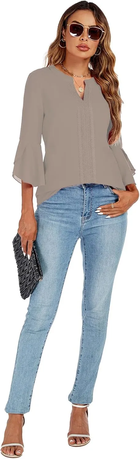 jonivey Womens Dressy Casual Blouses 3/4 Bell Ruffle Sleeve V Neck Business Lace Tops Ladies Trendy Work Shirts