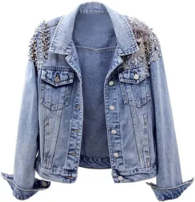Kedera Women's Denim Jacket Long Sleeve Western Rivet Studded Washed Pearl Short Jean Coat