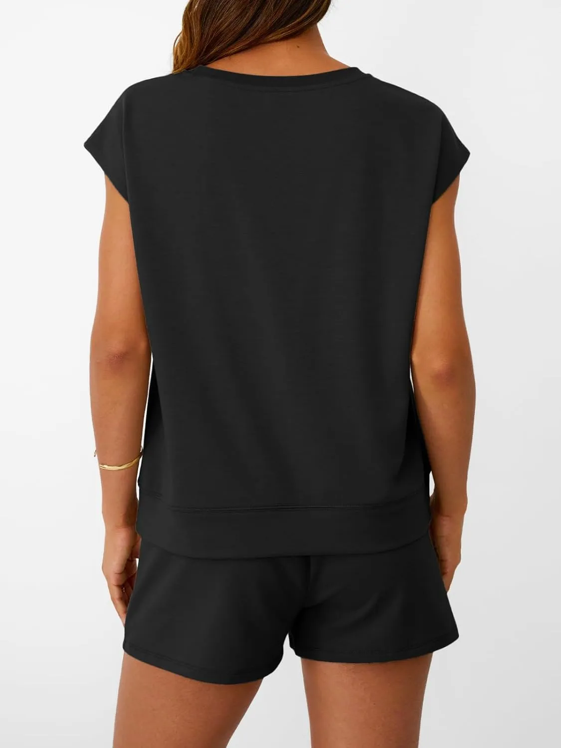 LILLUSORY Womens Crew Neck Cap Sleeve Drawstring Two Piece Summer short Sets Sweatsuit with Pocket