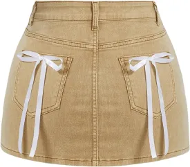 MakeMeChic Women's Denim Skirt High Waist Bow Pocket Bodycon Y2K Mini Jean Skirts