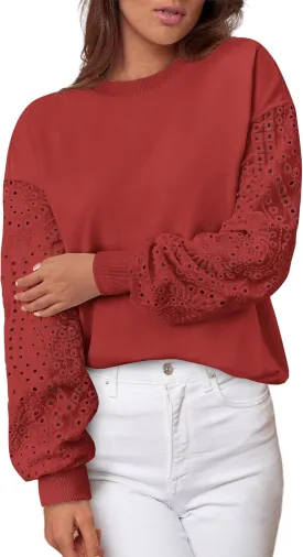 MASCOMODA Fall Fashion 2024 Blouses for Women Dressy Casual Lace Long Sleeve Tops Crewneck Eyelet Knit T Shirts Sweatshirt