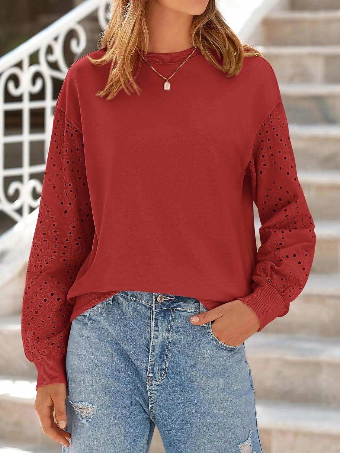 MASCOMODA Fall Fashion 2024 Blouses for Women Dressy Casual Lace Long Sleeve Tops Crewneck Eyelet Knit T Shirts Sweatshirt
