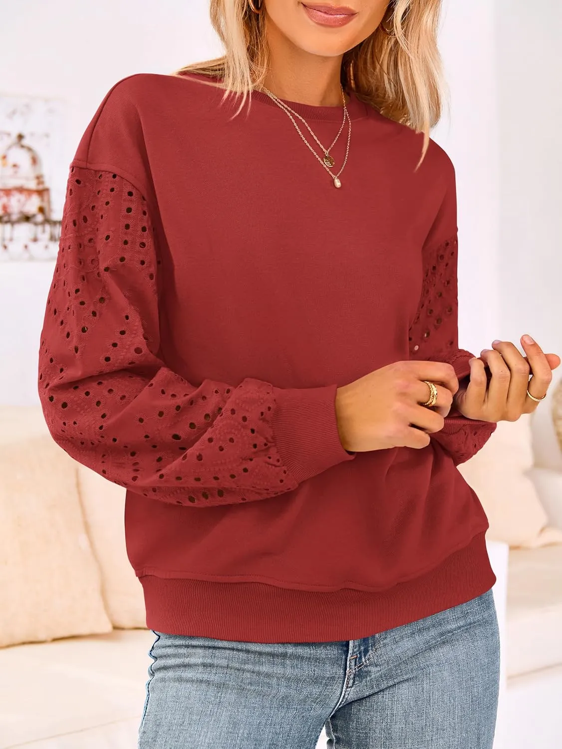 MASCOMODA Fall Fashion 2024 Blouses for Women Dressy Casual Lace Long Sleeve Tops Crewneck Eyelet Knit T Shirts Sweatshirt