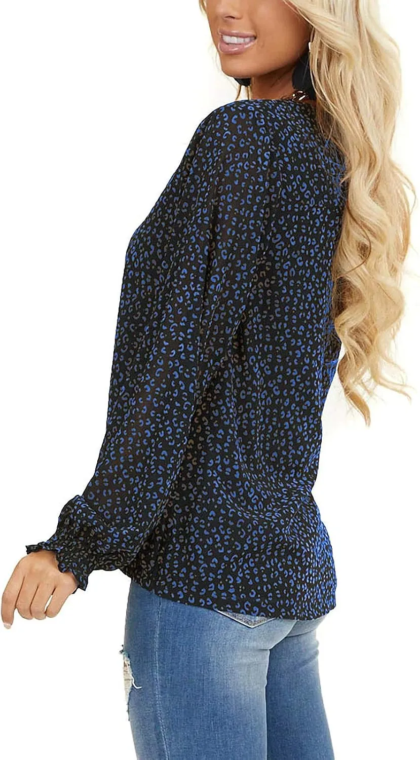 MLEBR Womens Blouses Fashion Long Sleeve V Neck Loose Casual Floral Leopard Printed Chiffon Blouses Tops and T Shirts