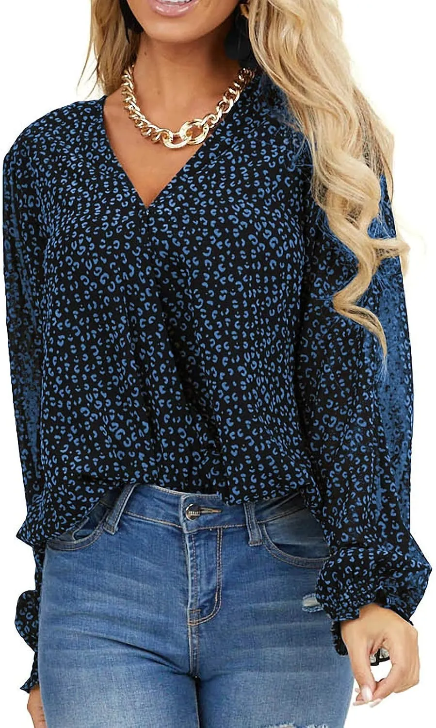 MLEBR Womens Blouses Fashion Long Sleeve V Neck Loose Casual Floral Leopard Printed Chiffon Blouses Tops and T Shirts