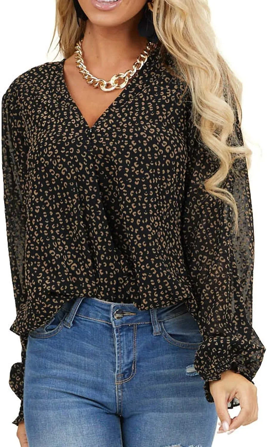 MLEBR Womens Blouses Fashion Long Sleeve V Neck Loose Casual Floral Leopard Printed Chiffon Blouses Tops and T Shirts