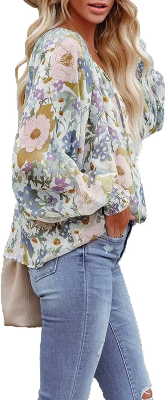 MLEBR Womens Blouses Fashion Long Sleeve V Neck Loose Casual Floral Leopard Printed Chiffon Blouses Tops and T Shirts