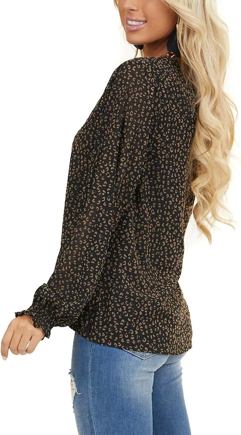 MLEBR Womens Blouses Fashion Long Sleeve V Neck Loose Casual Floral Leopard Printed Chiffon Blouses Tops and T Shirts