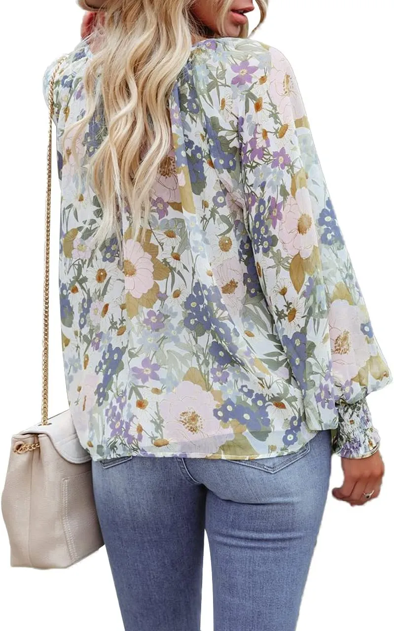 MLEBR Womens Blouses Fashion Long Sleeve V Neck Loose Casual Floral Leopard Printed Chiffon Blouses Tops and T Shirts