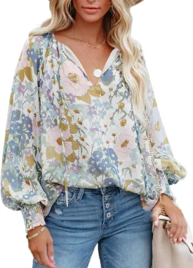 MLEBR Womens Blouses Fashion Long Sleeve V Neck Loose Casual Floral Leopard Printed Chiffon Blouses Tops and T Shirts