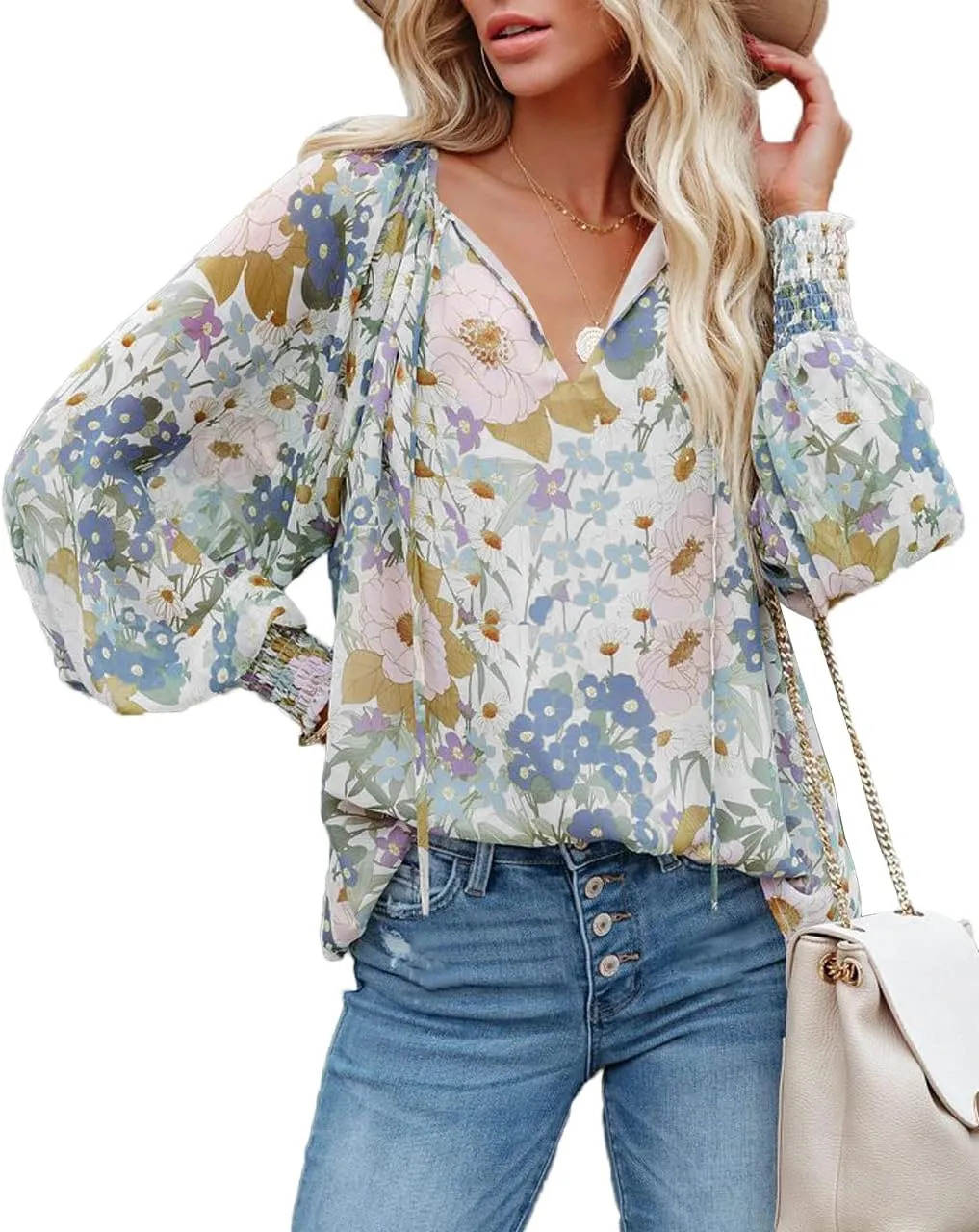 MLEBR Womens Blouses Fashion Long Sleeve V Neck Loose Casual Floral Leopard Printed Chiffon Blouses Tops and T Shirts