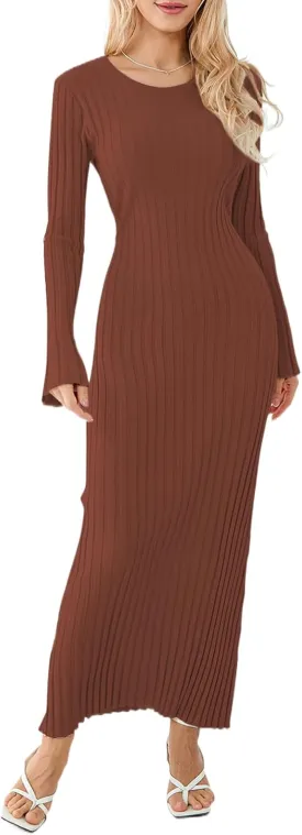 Muineobuka Knitted Long Sleeve Maxi Dress for Women A-Line Bodycon Ribbed Knit Crochet Long Dresses Fall Winter Sweater Dress