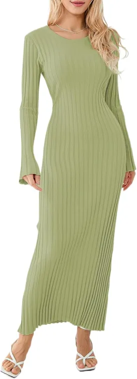 Muineobuka Knitted Long Sleeve Maxi Dress for Women A-Line Bodycon Ribbed Knit Crochet Long Dresses Fall Winter Sweater Dress