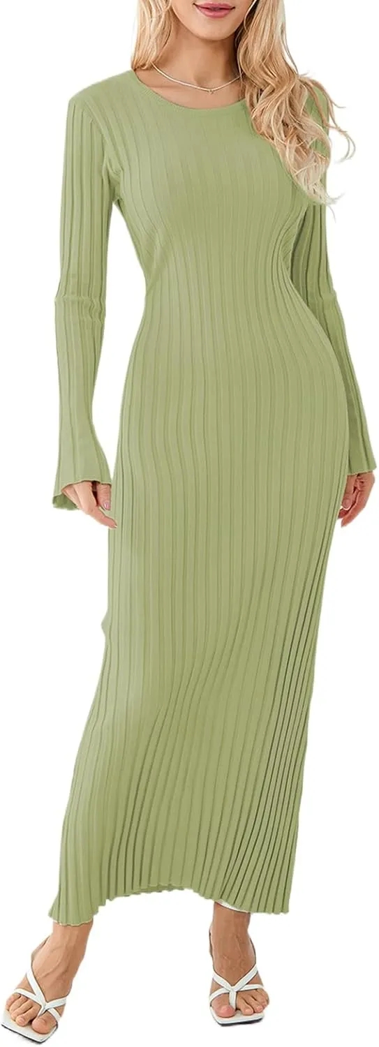 Muineobuka Knitted Long Sleeve Maxi Dress for Women A-Line Bodycon Ribbed Knit Crochet Long Dresses Fall Winter Sweater Dress