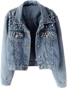Oversize Pearl Embroidered Women's Ripped Distressed Casual Long Sleeve Denim Jacket Coat
