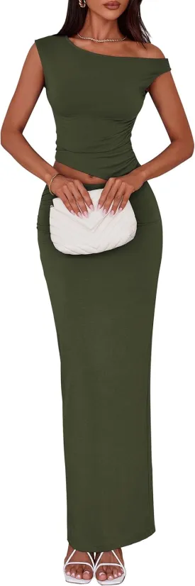 PRETTYGARDEN Maxi Skirt Sets Women 2 Piece Outfits Summer 2025 Spring One Shoulder Sleeveless Ruched Bodycon Long Skirts