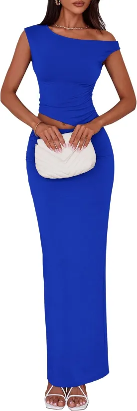 PRETTYGARDEN Maxi Skirt Sets Women 2 Piece Outfits Summer 2025 Spring One Shoulder Sleeveless Ruched Bodycon Long Skirts
