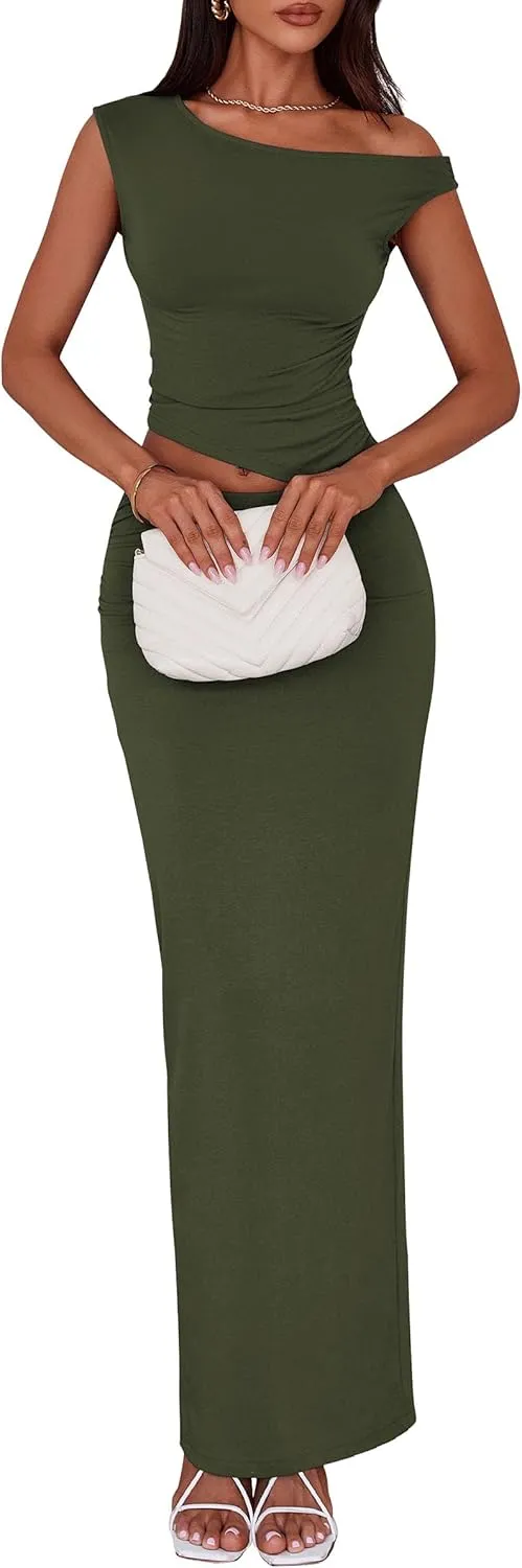 PRETTYGARDEN Maxi Skirt Sets Women 2 Piece Outfits Summer 2025 Spring One Shoulder Sleeveless Ruched Bodycon Long Skirts