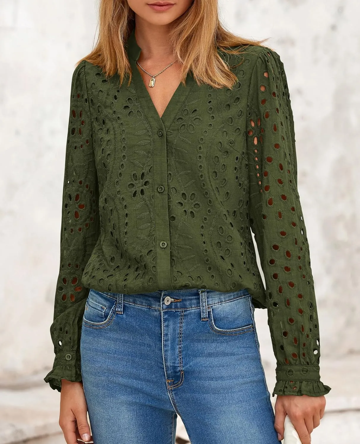 PRETTYGARDEN Women's Eyelet Tops 2025 Spring Dressy Casual Blouses Lace Long Sleeve Button V Neck Shirts