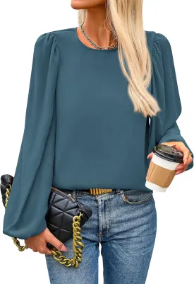 PRETTYGARDEN Womens Tops 2025 Spring Puff Long Sleeve Chiffon Work Blouses Dressy Casual Crewneck Flowy Shirts Fall Outfits