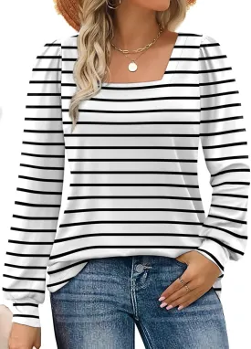 Rapbin Womens Square Neck Puff Sleeve Tops Dressy Casual Eyelet Long Sleeve Shirts Loose Trendy Blouses S-XXL