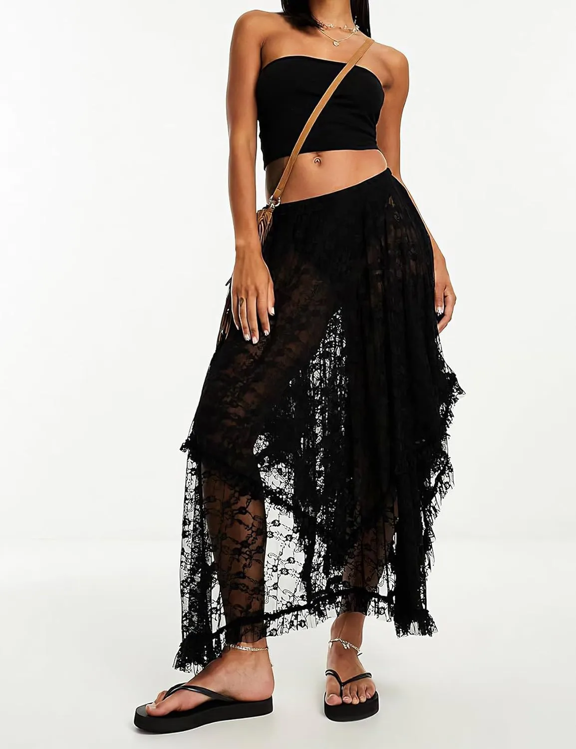 ROJZR Womens Lace Long Skirts Elastic High Low Asymmetrical Layered Hem Sexy See-Through Maxi Skirts Sheer Flowy Beach