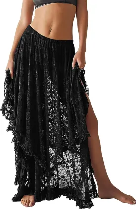 ROJZR Womens Lace Long Skirts Elastic High Low Asymmetrical Layered Hem Sexy See-Through Maxi Skirts Sheer Flowy Beach