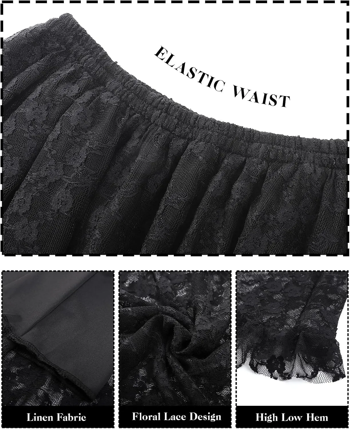 ROJZR Womens Lace Long Skirts Elastic High Low Asymmetrical Layered Hem Sexy See-Through Maxi Skirts Sheer Flowy Beach
