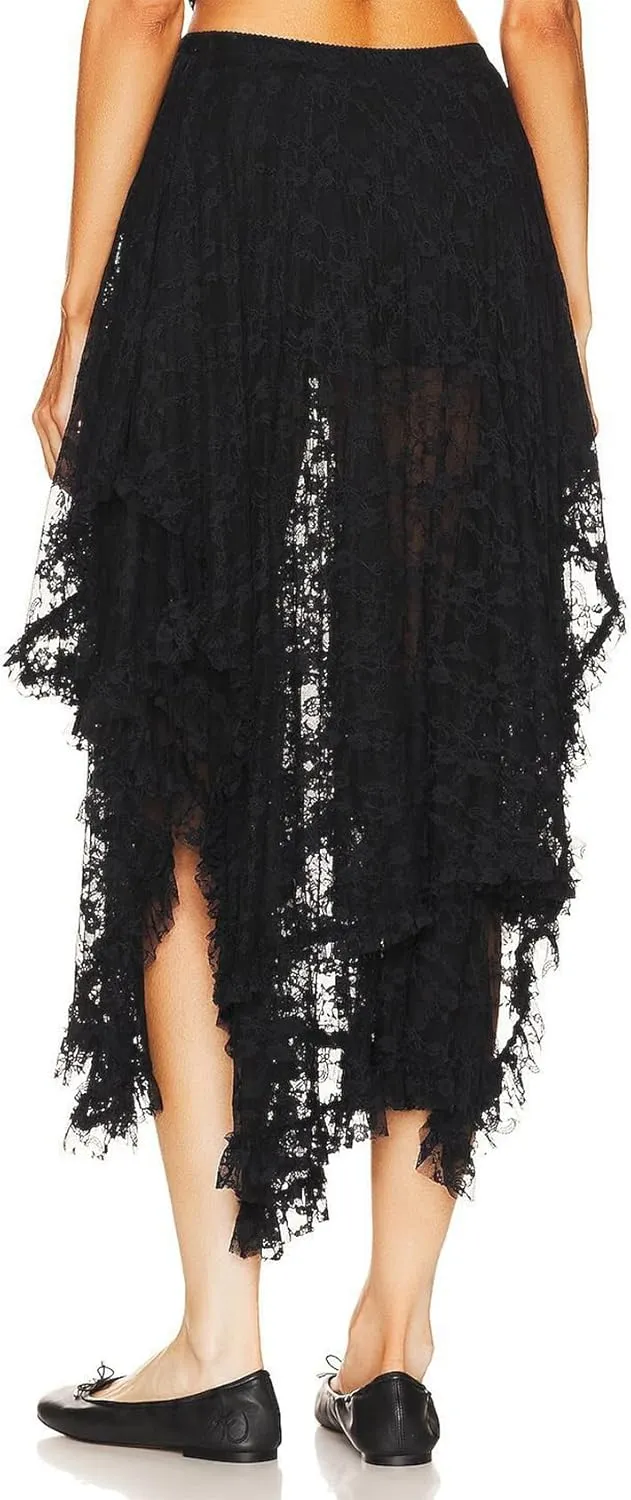 ROJZR Womens Lace Long Skirts Elastic High Low Asymmetrical Layered Hem Sexy See-Through Maxi Skirts Sheer Flowy Beach