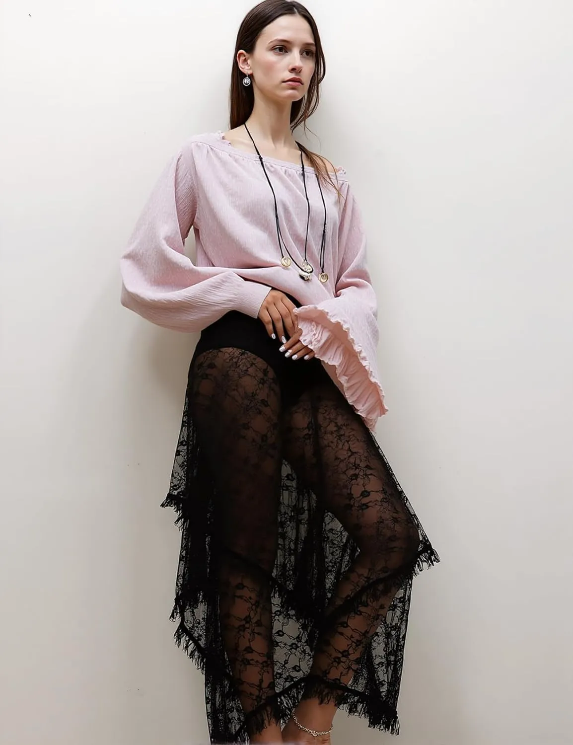 ROJZR Womens Lace Long Skirts Elastic High Low Asymmetrical Layered Hem Sexy See-Through Maxi Skirts Sheer Flowy Beach