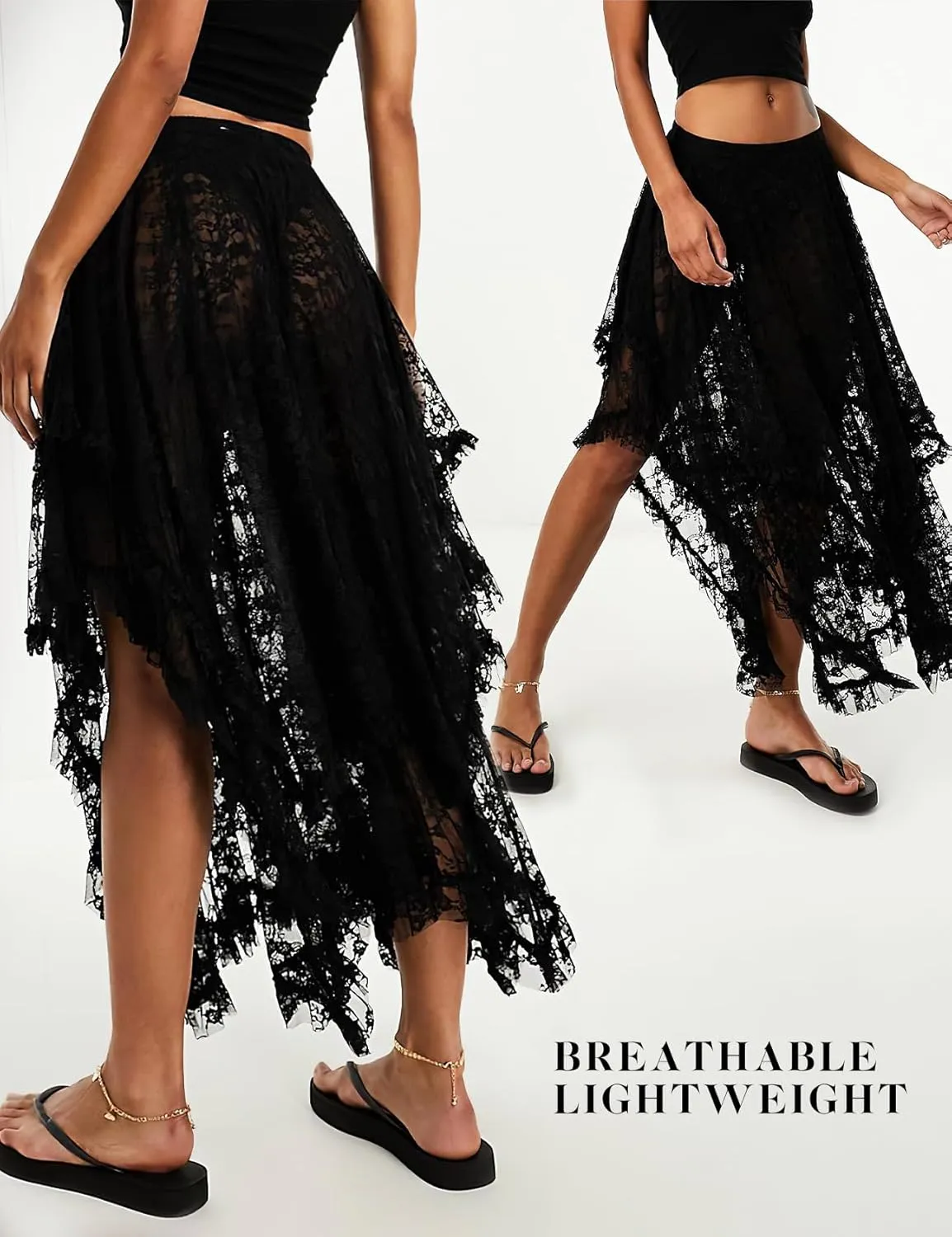 ROJZR Womens Lace Long Skirts Elastic High Low Asymmetrical Layered Hem Sexy See-Through Maxi Skirts Sheer Flowy Beach