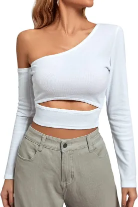Rooscier Women's One Shoulder Cut Out Waist Long Sleeve Slim Fit Casual Crop Top Blouse