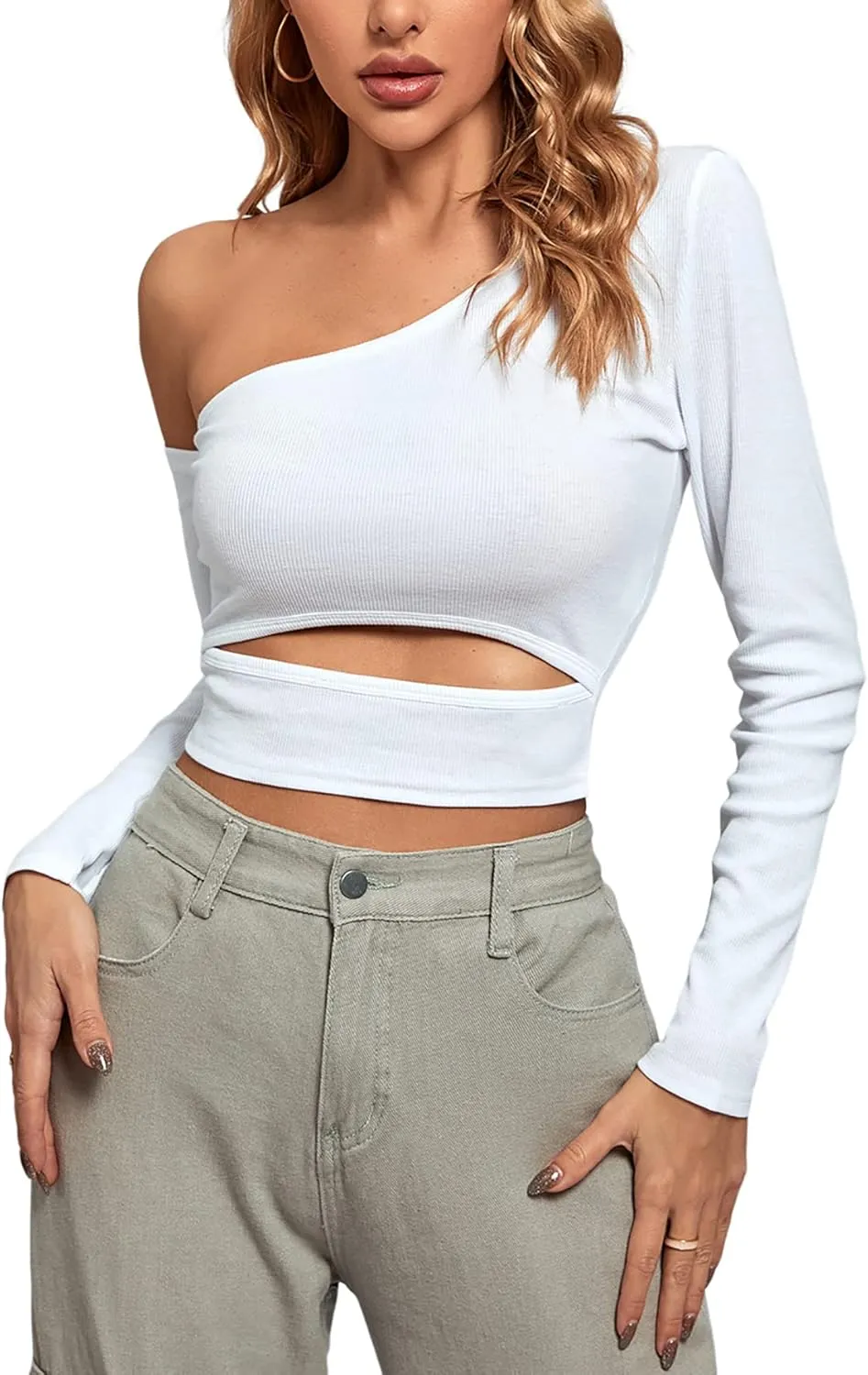 Rooscier Women's One Shoulder Cut Out Waist Long Sleeve Slim Fit Casual Crop Top Blouse