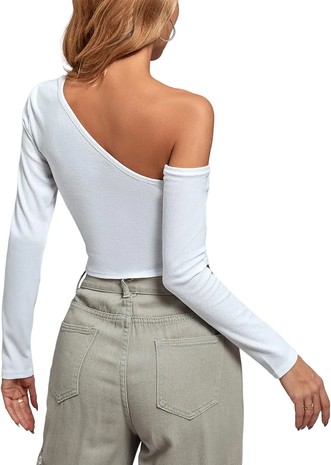 Rooscier Women's One Shoulder Cut Out Waist Long Sleeve Slim Fit Casual Crop Top Blouse