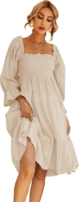 R.Vivimos Women's Summer Cotton Plaid Puff Sleeves Bow Casual Off-Shoulder Boho Midi Dress