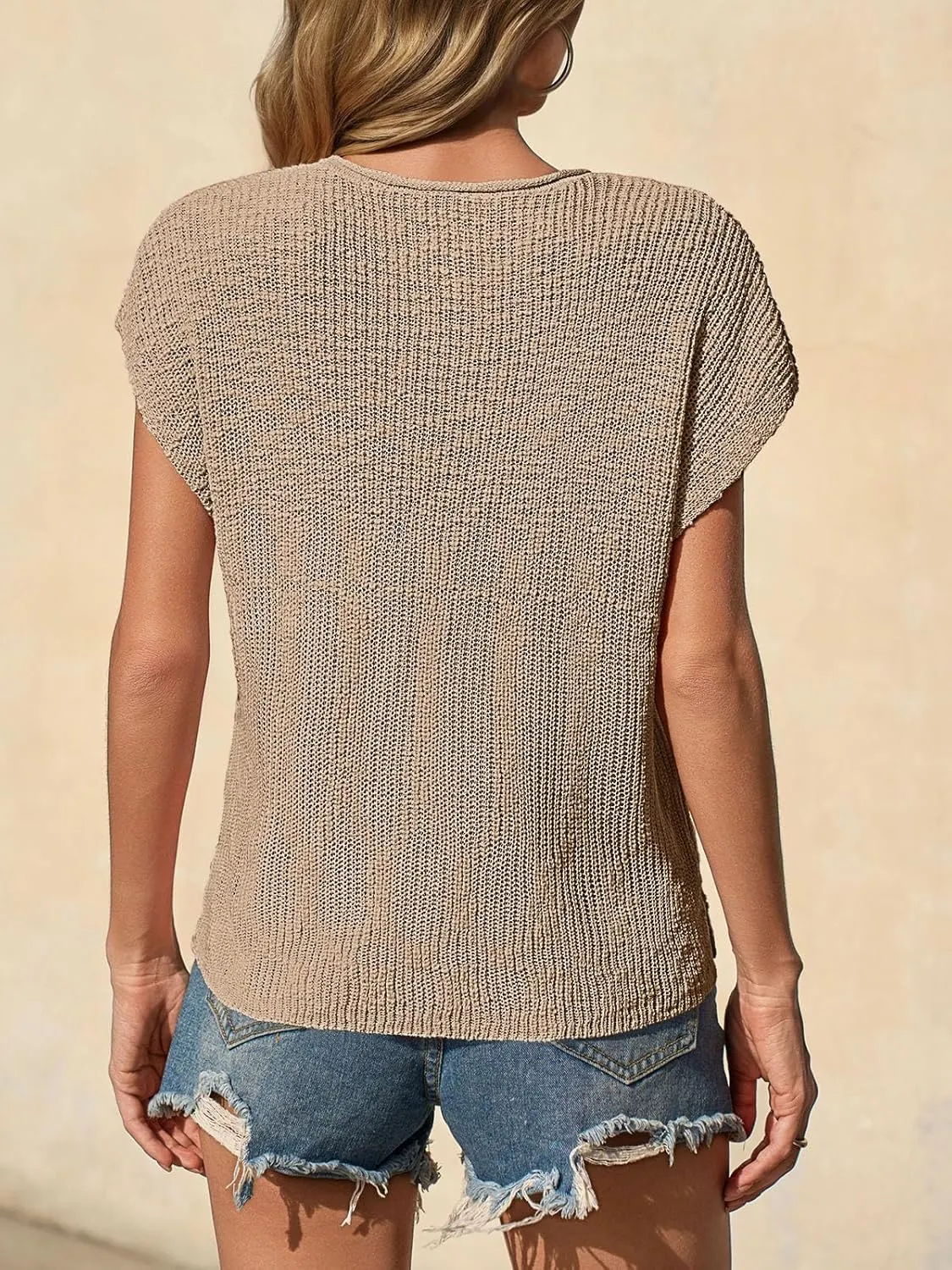 Saodimallsu Womens Short Cap Sleeve Sweater Tops Oversized V Neck Side Slit Knit Summer Tshirts