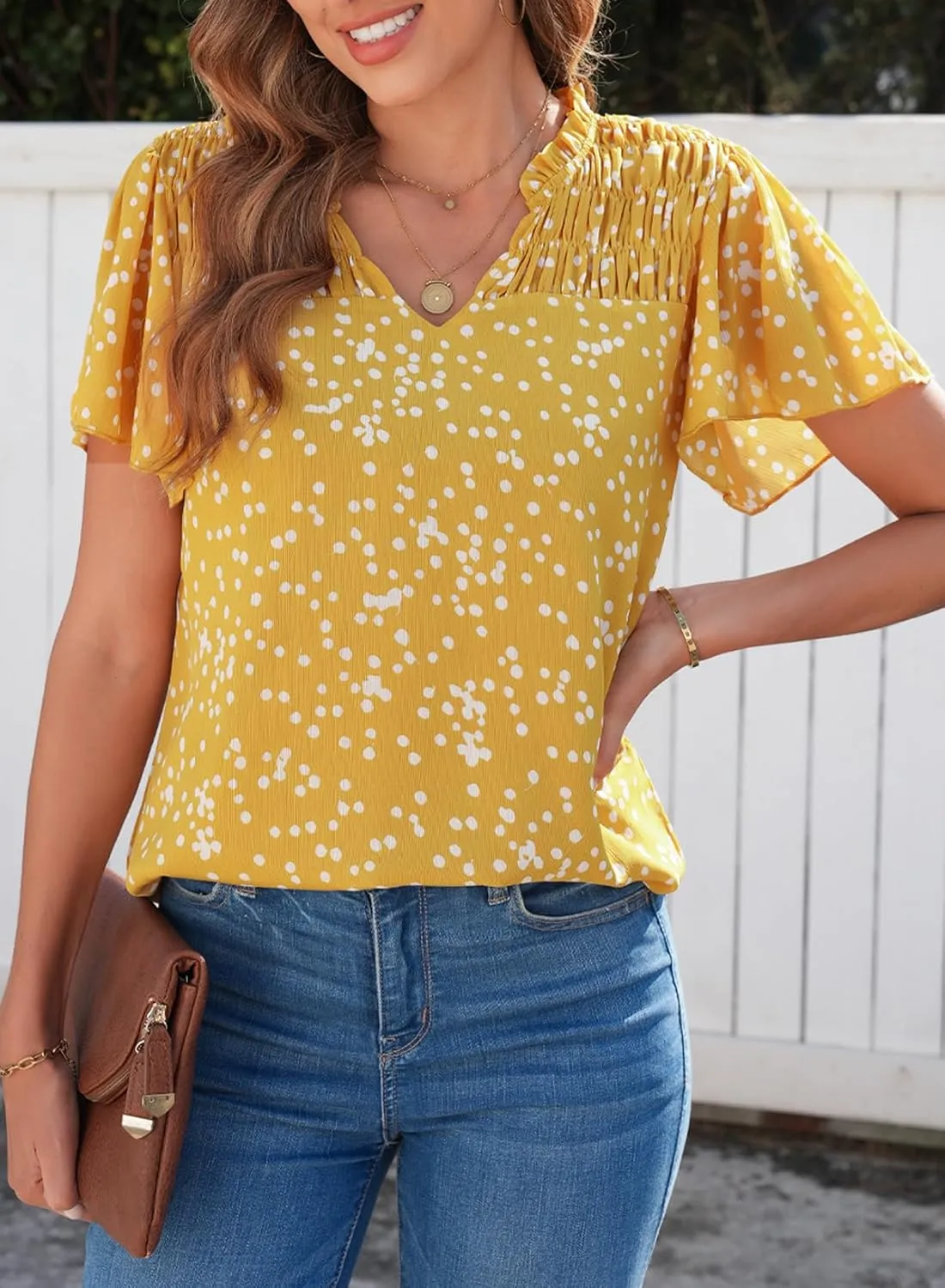 SHEWIN Women's Casual V Neck Floral Print Smocked Short Sleeve Chiffon Blouses Bohemian Top Shirts