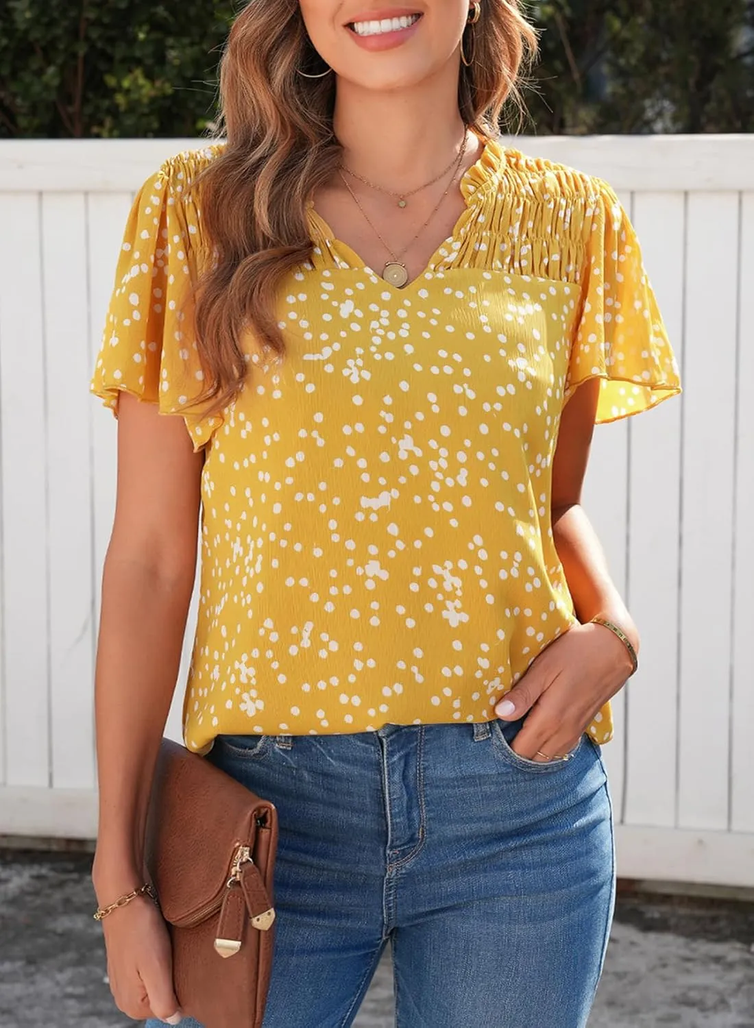 SHEWIN Women's Casual V Neck Floral Print Smocked Short Sleeve Chiffon Blouses Bohemian Top Shirts