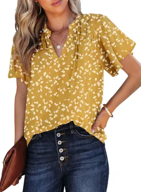 SHEWIN Women's Casual V Neck Floral Print Smocked Short Sleeve Chiffon Blouses Bohemian Top Shirts