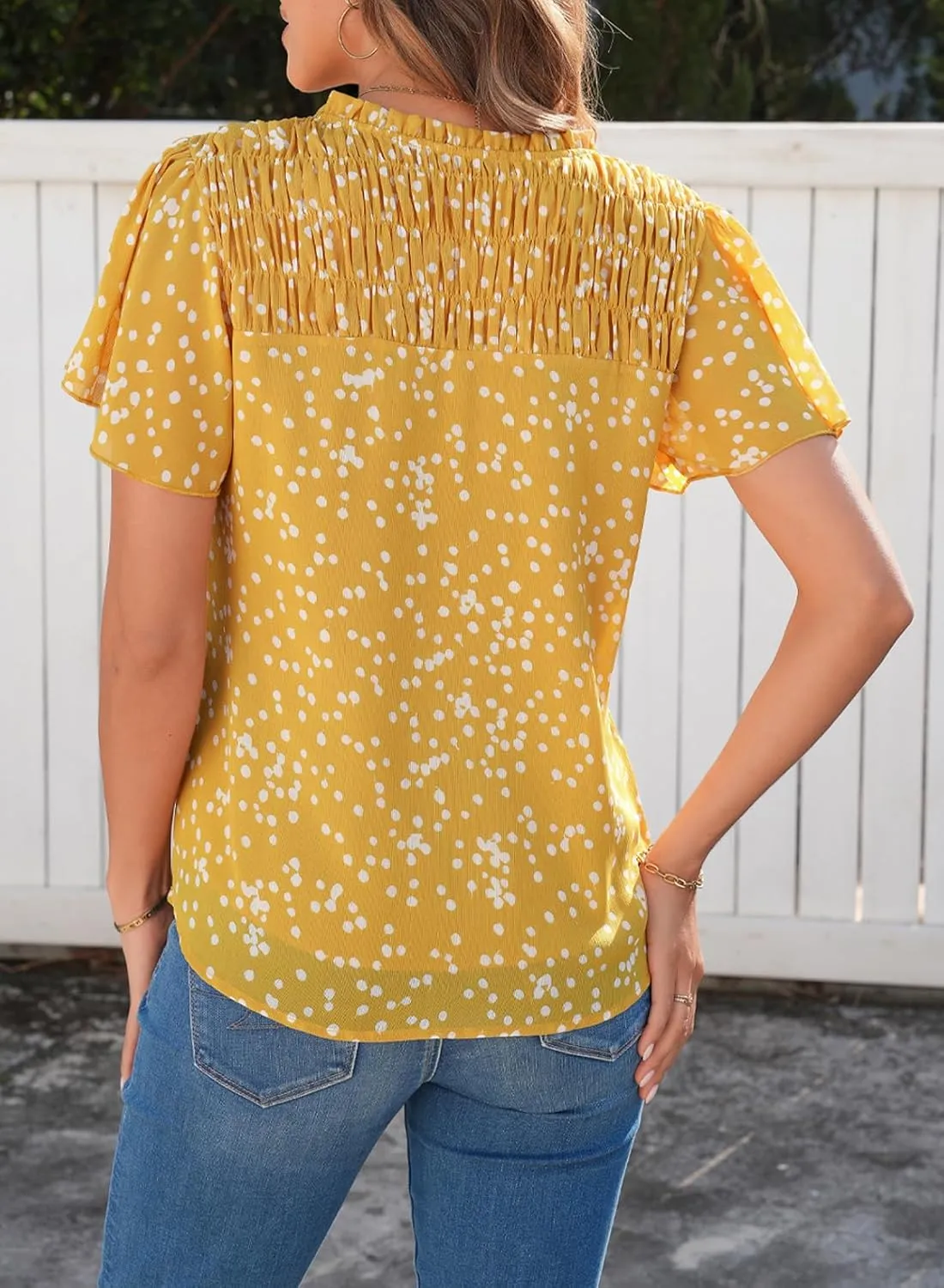 SHEWIN Women's Casual V Neck Floral Print Smocked Short Sleeve Chiffon Blouses Bohemian Top Shirts
